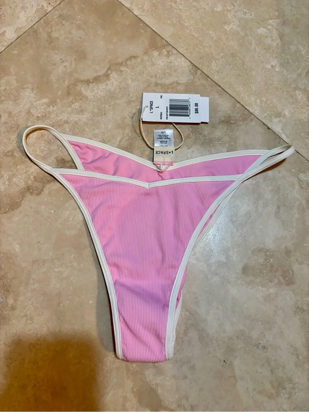 L*Space Pixie Pink Ribbed Contrast-Trim Bikini Bottom NWT L